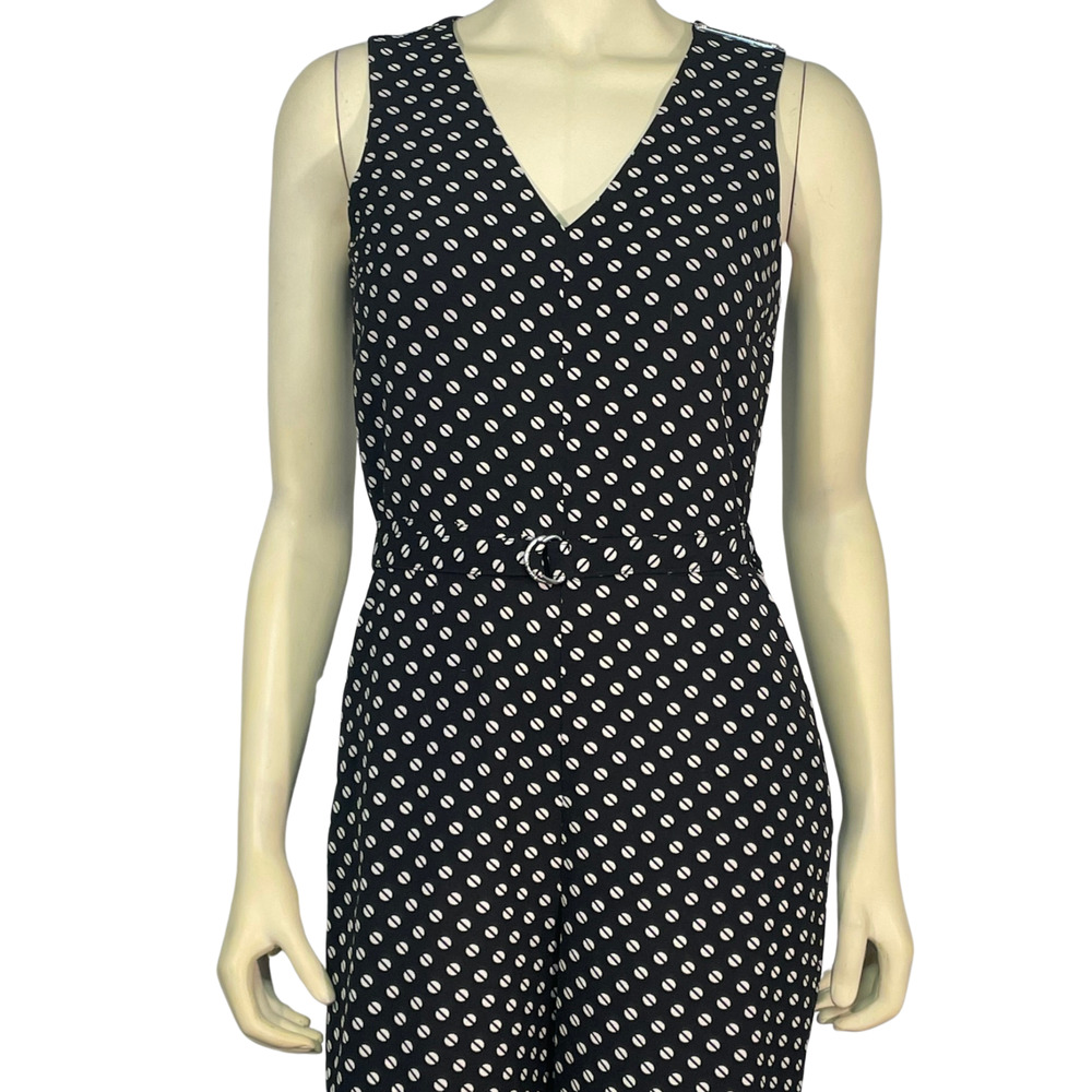 Michael Kors Sz 2 Belted Jumpsuit Cropped Pants V-Neck Bodice Black White Dots - Picture 4 of 13